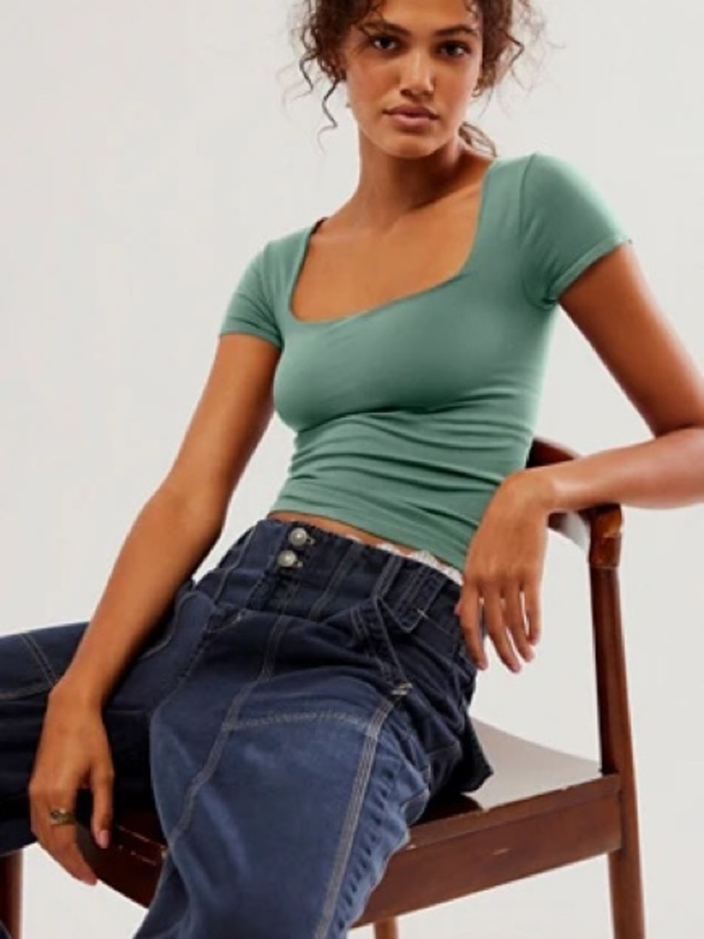 Free People Scoop Square Neck Short Sleeve Top - Sage Green